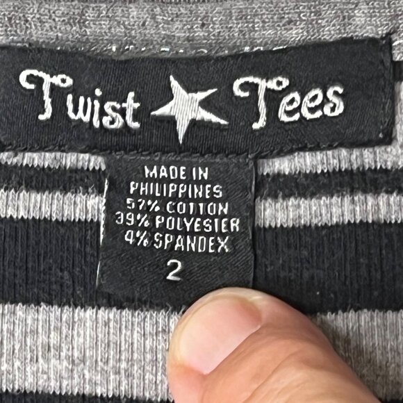 Twist Tees Size 2 Oversized Gray Black Striped V-neck Long Sleeve Top Stretch - Picture 12 of 16